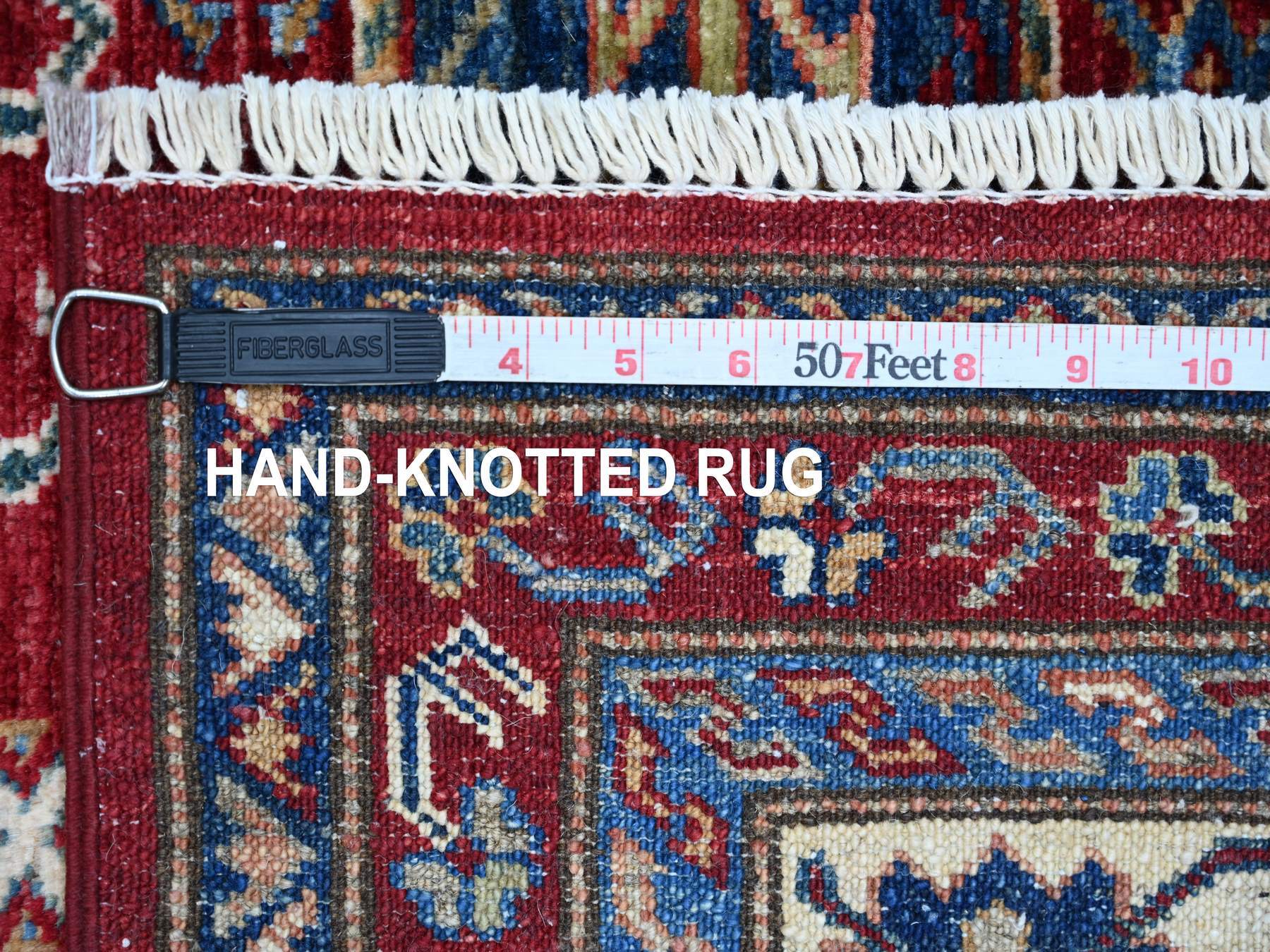 6'x9'4" Brick Red, Pure Wool, Vegetable Dyes, Afghan Super Kazak with Geometric Medallions Design, Hand Knotted, Oriental Rug HR21553 - Image 6