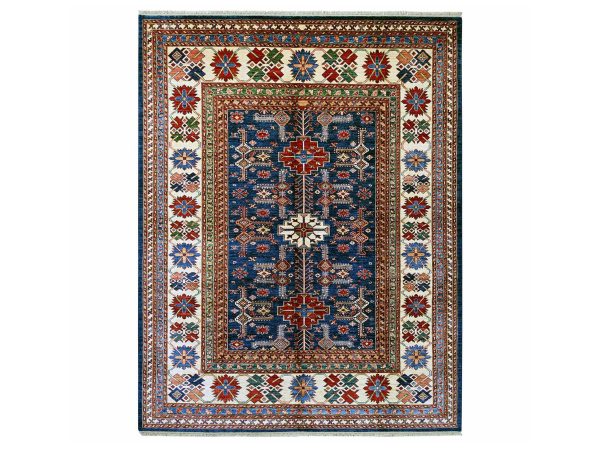 8'1"x10'2" Navy Blue, Pure Wool, Afghan Super Kazak with Tribal Motifs, Hand Knotted, Vegetable Dyes, Oriental Rug HR21622