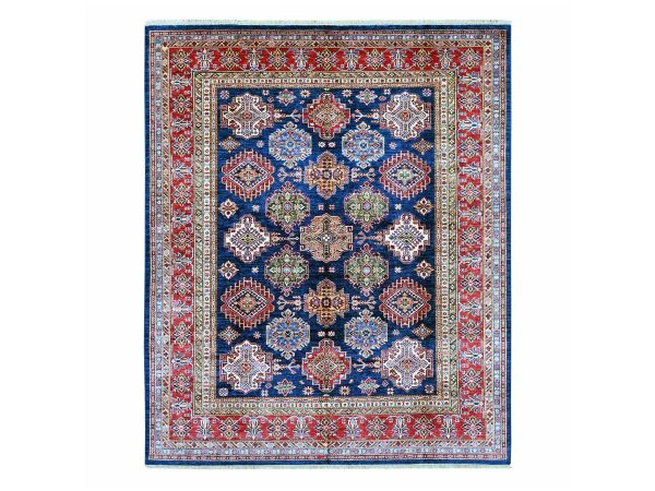 8'x9'5" Navy Blue, Hand Knotted, Afghan Super Kazak with Tribal Medallions Design, Vegetable Dyes, Pure Wool, Oriental Rug HR21625