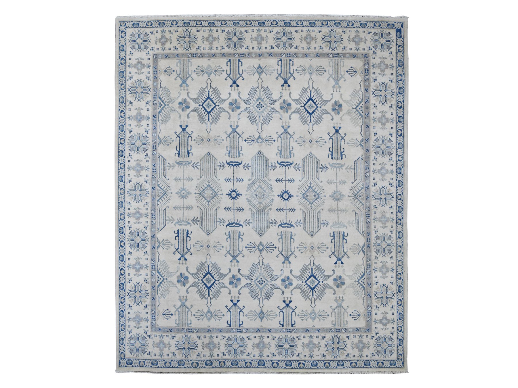 7'10"x9'9" Pearl White, Vintage Look Kazak with All Over Design, Hand Knotted, 100% Wool, Natural Dyes, Oriental Rug HR21656