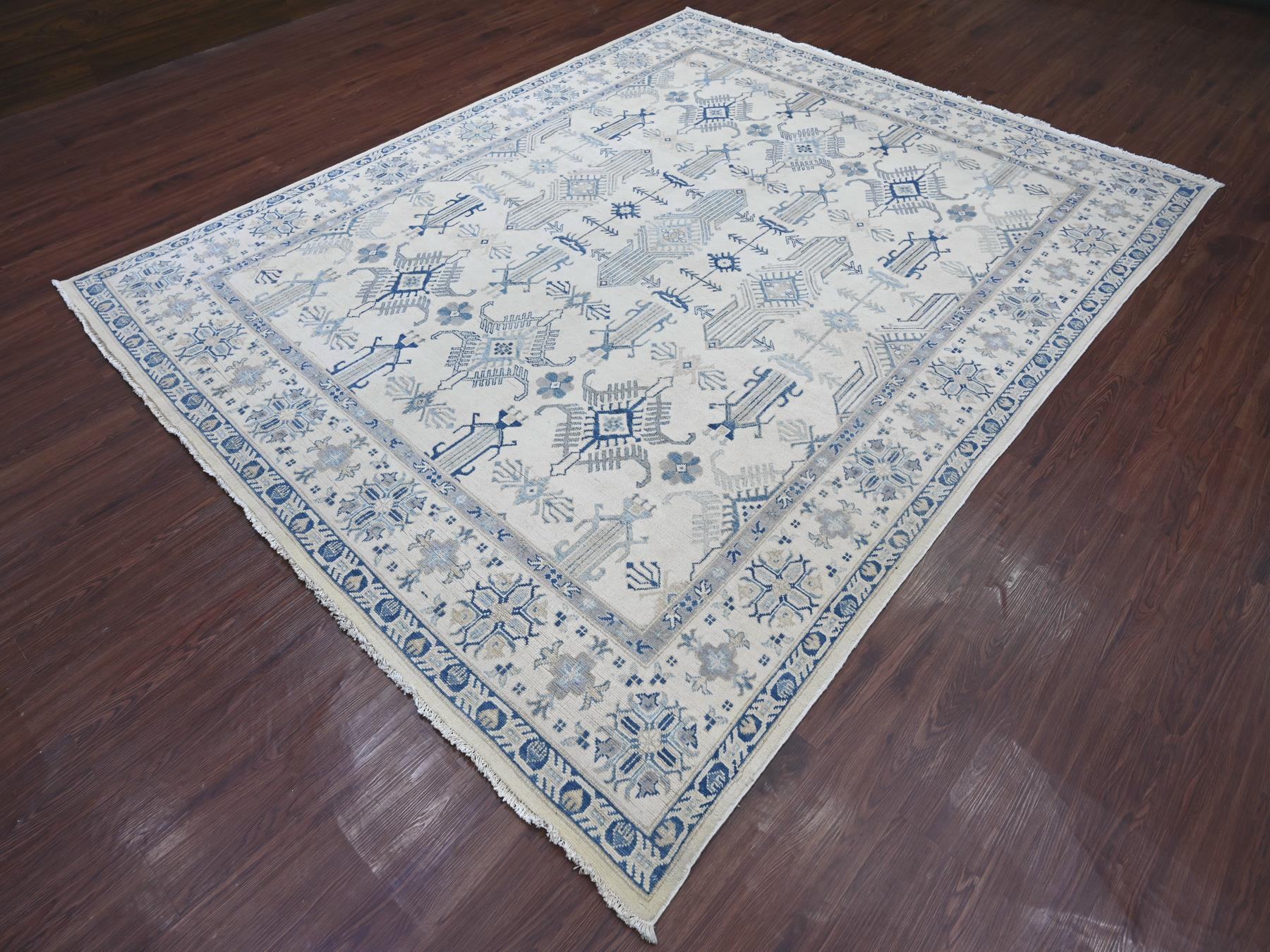 7'10"x9'9" Pearl White, Vintage Look Kazak with All Over Design, Hand Knotted, 100% Wool, Natural Dyes, Oriental Rug HR21656 - Image 3