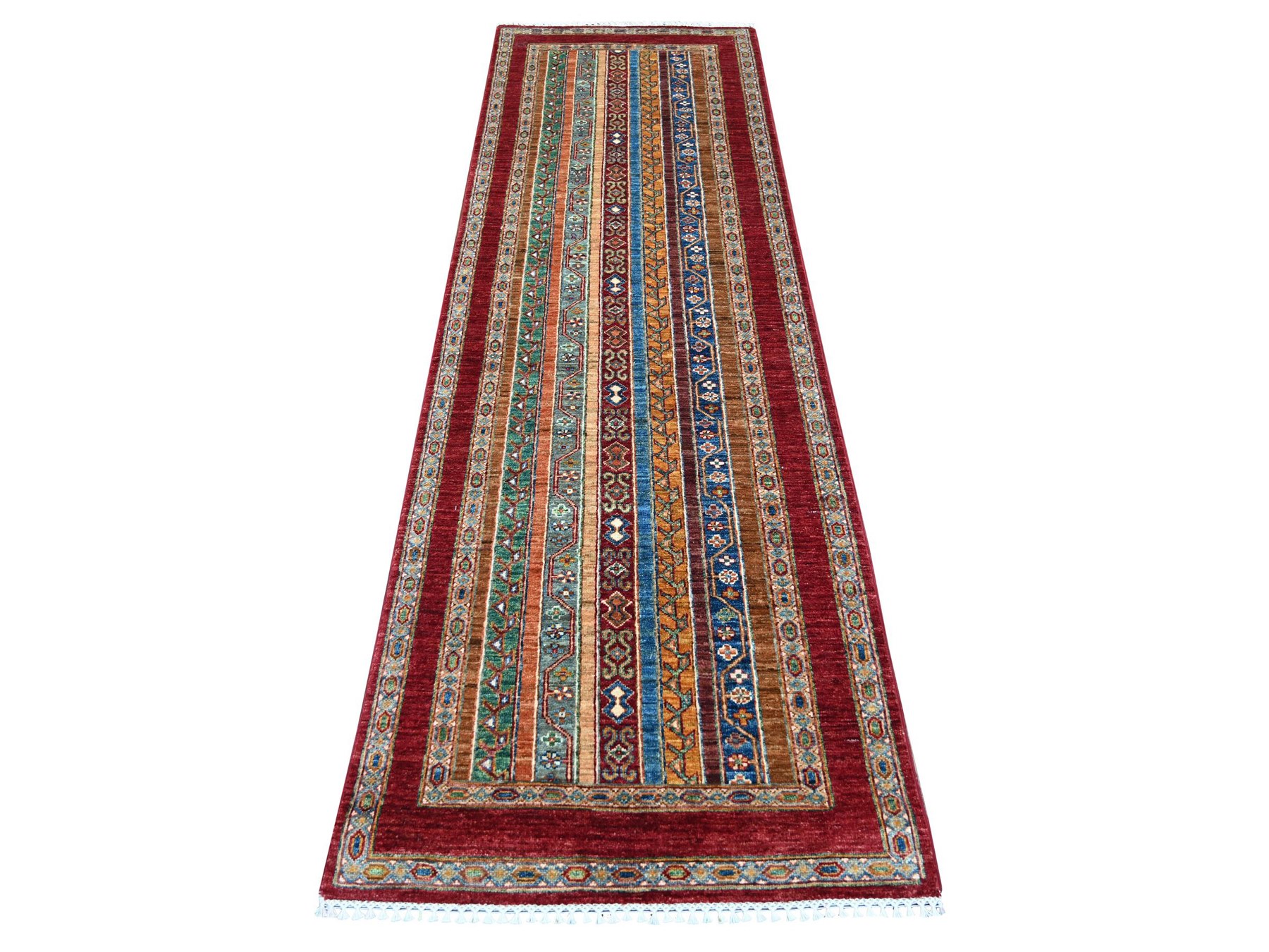 2'8"x8'5" Berry Red, Afghan Super Kazak with Shawl Design, Hand Knotted, Vegetable Dyes, Pure Wool, Runner, Oriental Rug HR21665
