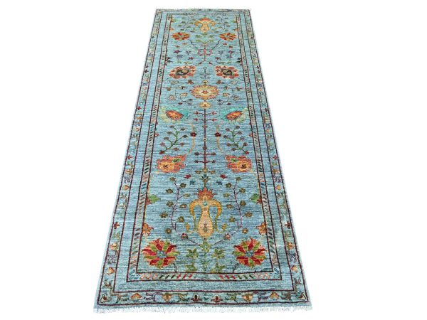 2'10"x8'5" Light Blue, Fine Afghan Sultani with All Over Design, Vegetable Dyes, Hand Knotted, 100% Wool, Runner, Oriental Rug HR21666