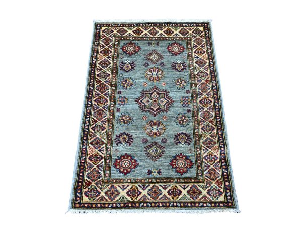 2'7"x3'10" Misty Gray, Pure Wool, Afghan Super Kazak with Geometric Motifs, Hand Knotted, Vegetable Dyes, Sample, Mat, Oriental Rug HR21669