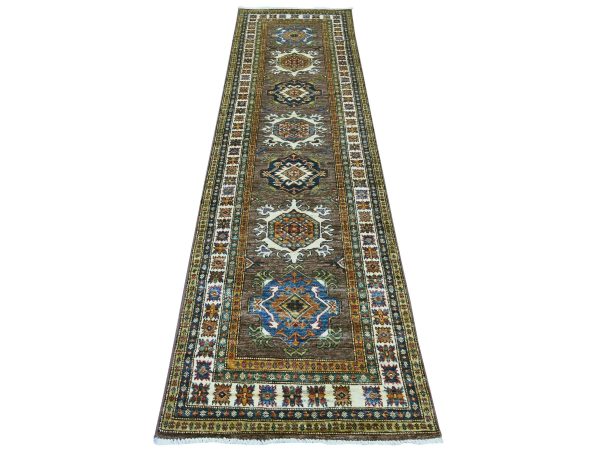 2'7"x9'4" Coffee Brown, Afghan Super Kazak with Geometric Medallions Design, Hand Knotted, Vegetable Dyes, Pure Wool, Runner, Oriental Rug HR21671