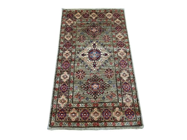 2'7"x4'6" Sage Green, Hand Knotted, Afghan Super Kazak with Geometric Medallions Design, Vegetable Dyes, Pure Wool, Oriental Rug HR21673
