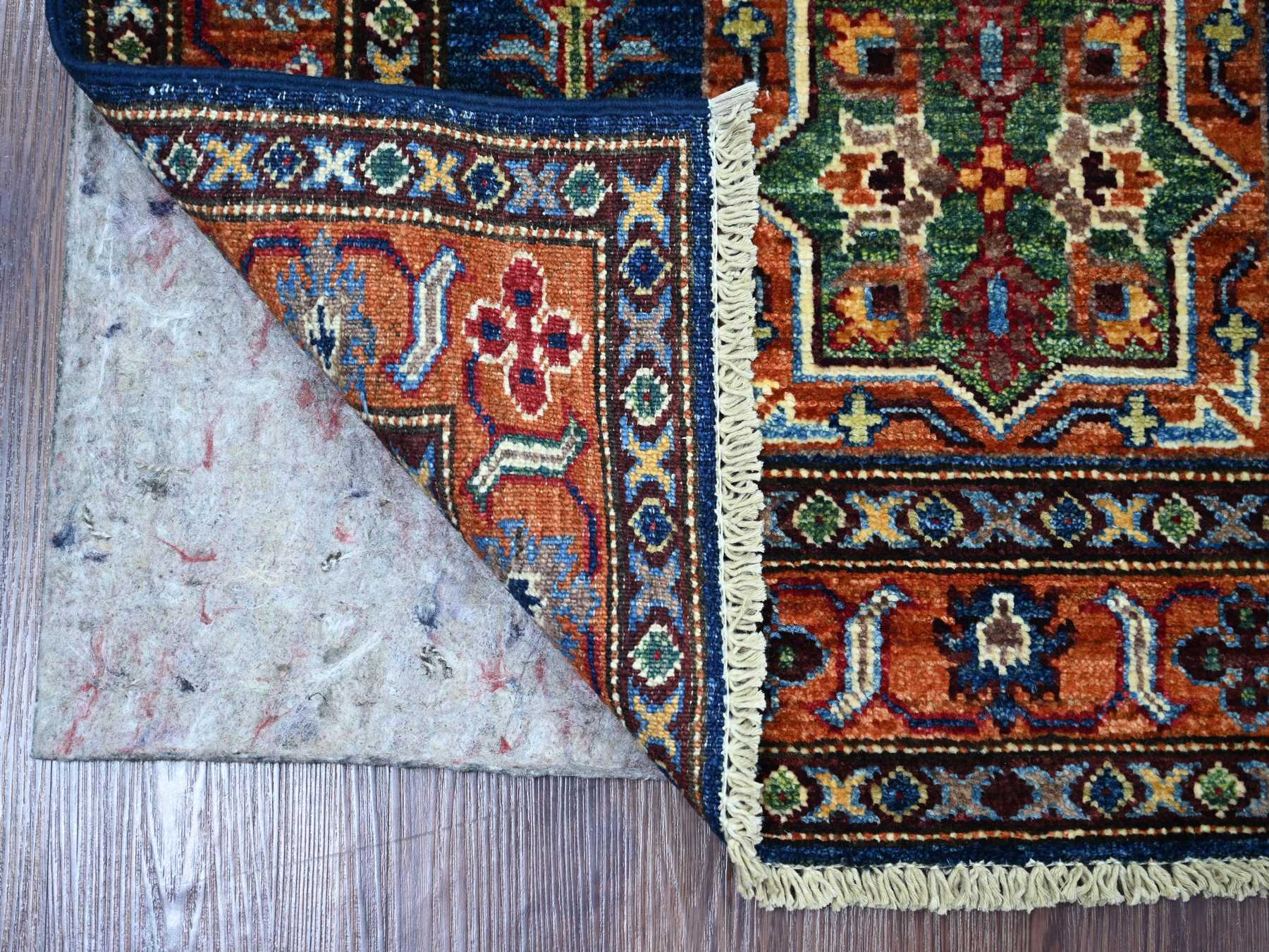 2'9"x4'1" Navy Blue, Vegetable Dyes, Afghan Super Kazak with Geometric Medallions Design, Hand Knotted, Pure Wool, Sample, Mat, Oriental Rug HR21674 - Image 2