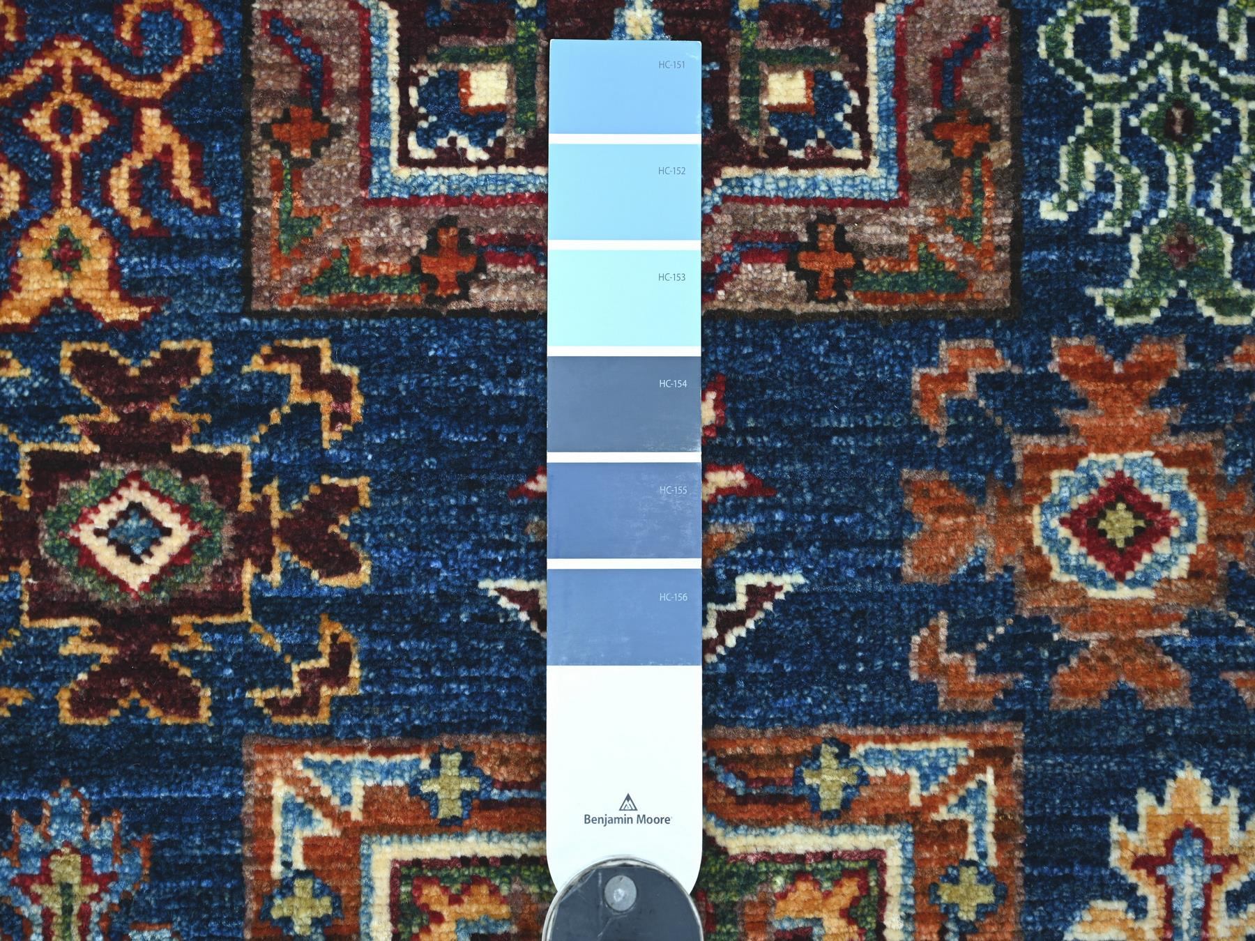 2'9"x4'1" Navy Blue, Vegetable Dyes, Afghan Super Kazak with Geometric Medallions Design, Hand Knotted, Pure Wool, Sample, Mat, Oriental Rug HR21674 - Image 3