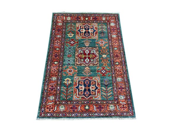 2'10"x4'2" Tropical Rainforest Green, Afghan Super Kazak with Geometric Medallions Design, Hand Knotted, Vegetable Dyes, Pure Wool, Sample, Mat, Oriental Rug HR21677