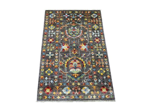 2'8"x4'2" Stone Gray, Hand Knotted Afghan Sultani All Over Floral Pattern, Soft and Vibrant Wool, Natural Dyes Sample, Mat, Oriental Rug HR21682