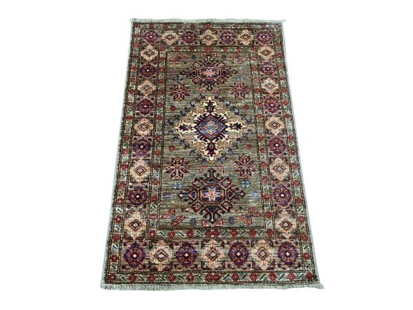 2'7"x4'1" Stone Gray, Pure Wool, Afghan Super Kazak with Geometric Medallions Design, Hand Knotted, Vegetable Dyes,  Sample, Mat, Oriental Rug HR21717
