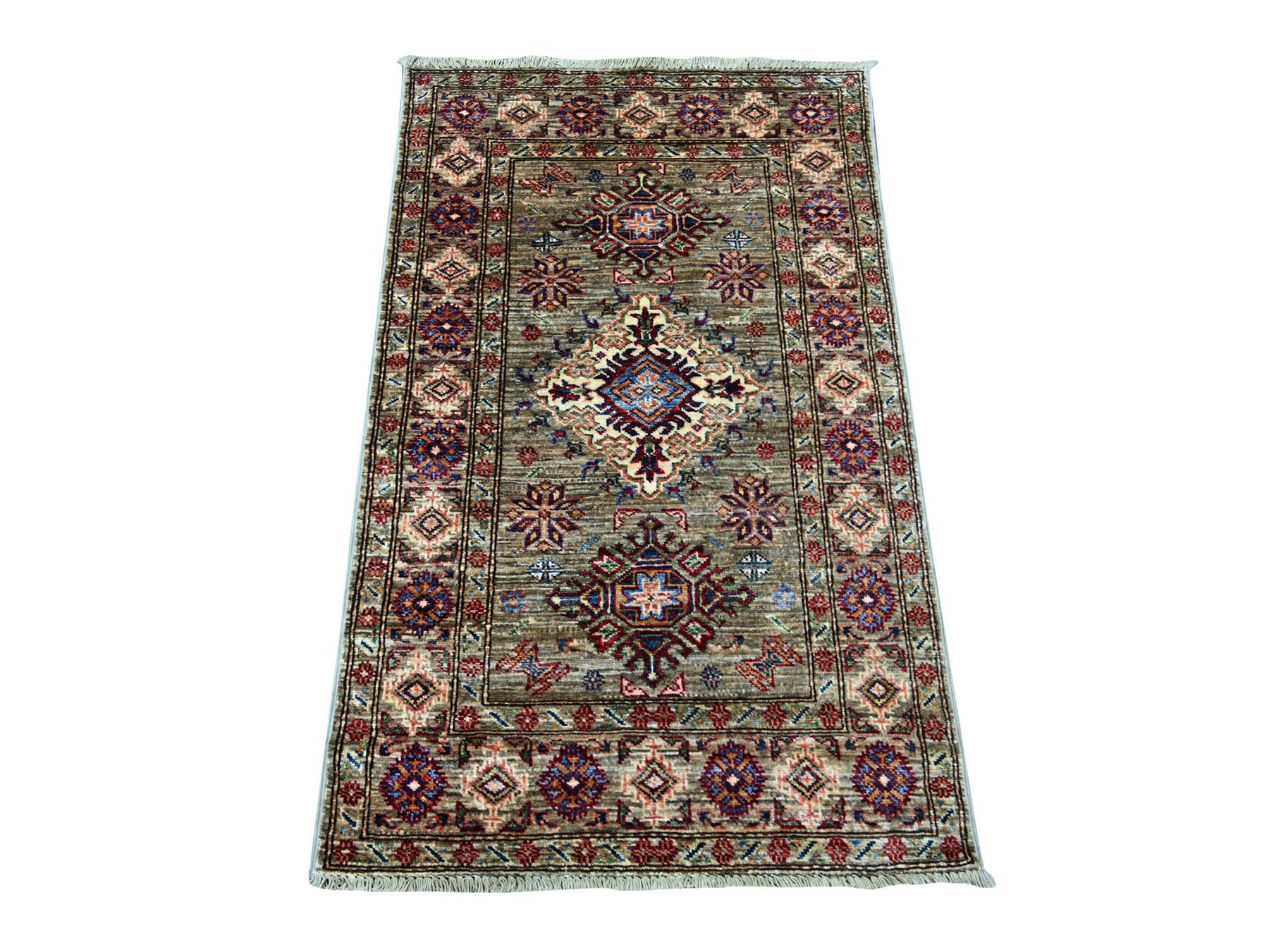 2'7"x4'1" Stone Gray, Pure Wool, Afghan Super Kazak with Geometric Medallions Design, Hand Knotted, Vegetable Dyes, Sample, Mat, Oriental Rug HR21717