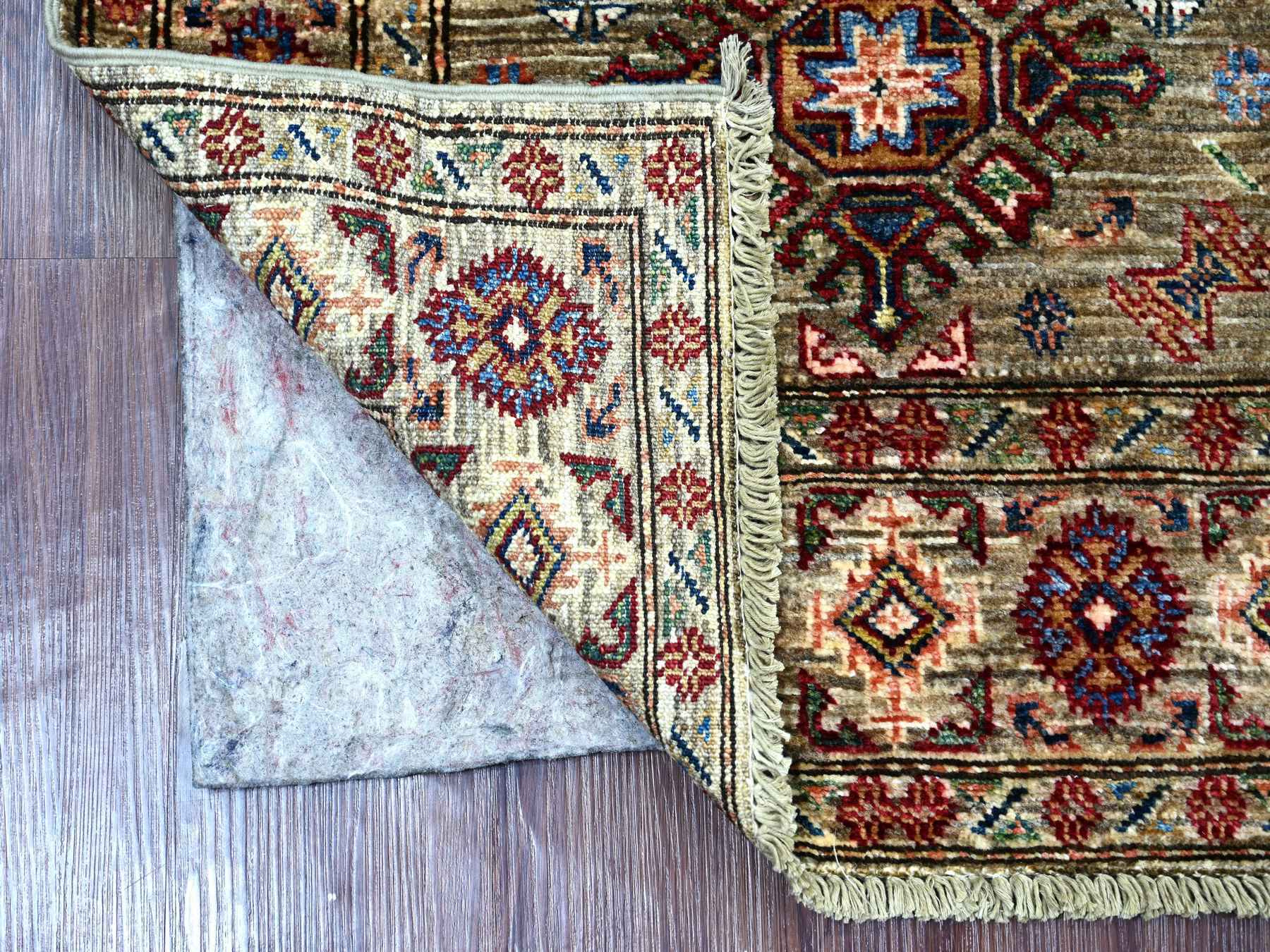 2'7"x4'1" Stone Gray, Pure Wool, Afghan Super Kazak with Geometric Medallions Design, Hand Knotted, Vegetable Dyes, Sample, Mat, Oriental Rug HR21717 - Image 2
