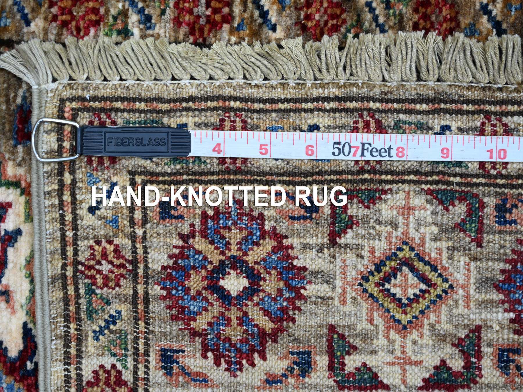 2'7"x4'1" Stone Gray, Pure Wool, Afghan Super Kazak with Geometric Medallions Design, Hand Knotted, Vegetable Dyes, Sample, Mat, Oriental Rug HR21717 - Image 6