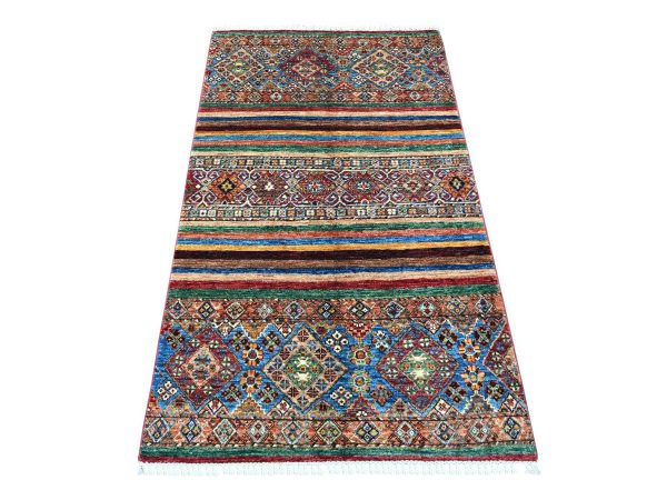 3'3"x5'6" Colorful, Afghan Super Kazak with Khorjin Design, Hand Knotted, Pure Wool, Vegetable Dyes, Oriental Rug HR21719