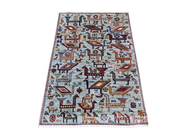 3'3"x4'9" Misty Gray, Hand Knotted, Afghan Sultani with Ancient Bird Figurines, Soft and Vibrant Wool, Natural Dyes, Oriental Rug HR21721