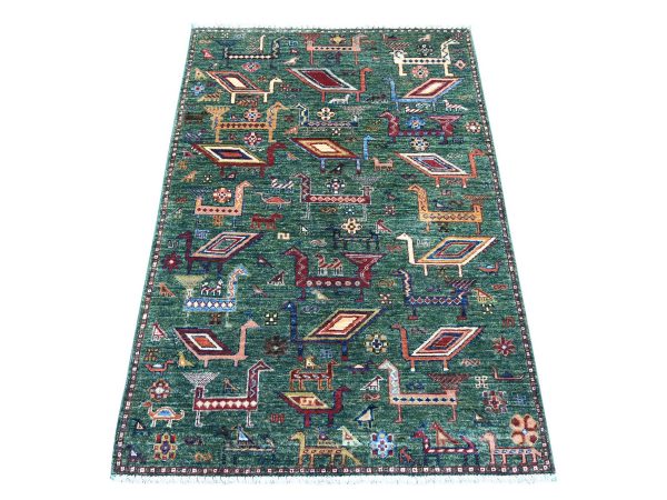 3'4"x5' Tropical Rainforest Green, Hand Knotted, Afghan Sultani with Ancient Bird Figurines, Soft and Vibrant Wool, Natural Dyes, Oriental Rug HR21725