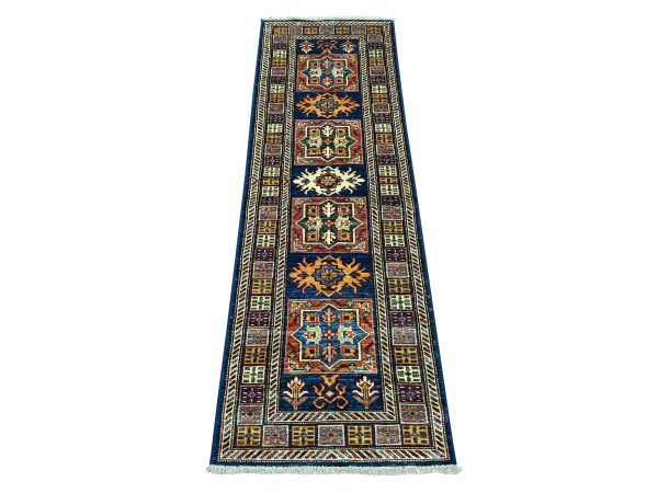1'10"x6' Navy Blue, Pure Wool, Afghan Super Kazak with Geometric Medallions Design, Hand Knotted, Vegetable Dyes, Narrow Runner, Oriental Rug HR21727