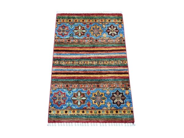 2'x3'2" Colorful, Afghan Super Kazak with Khorjin Design, Hand Knotted, Vegetable Dyes, Pure Wool, Sample, Mat, Oriental Rug HR21728