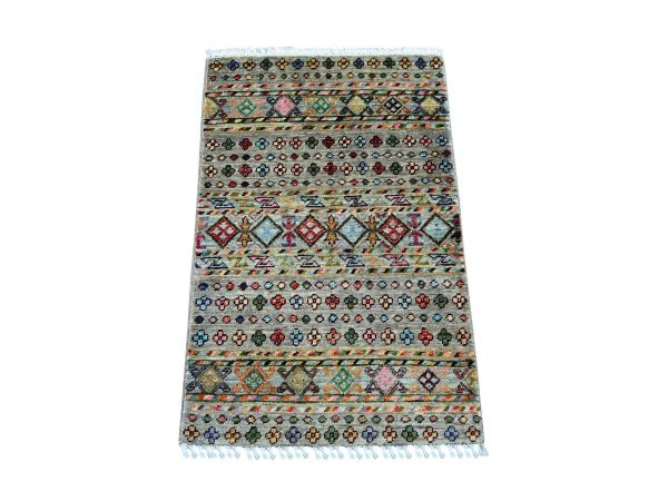 2'x3' Stone Gray, Afghan Super Kazak with Khorjin Design, Hand Knotted, Vegetable Dyes, Pure Wool, Sample, Mat, Oriental Rug HR21730