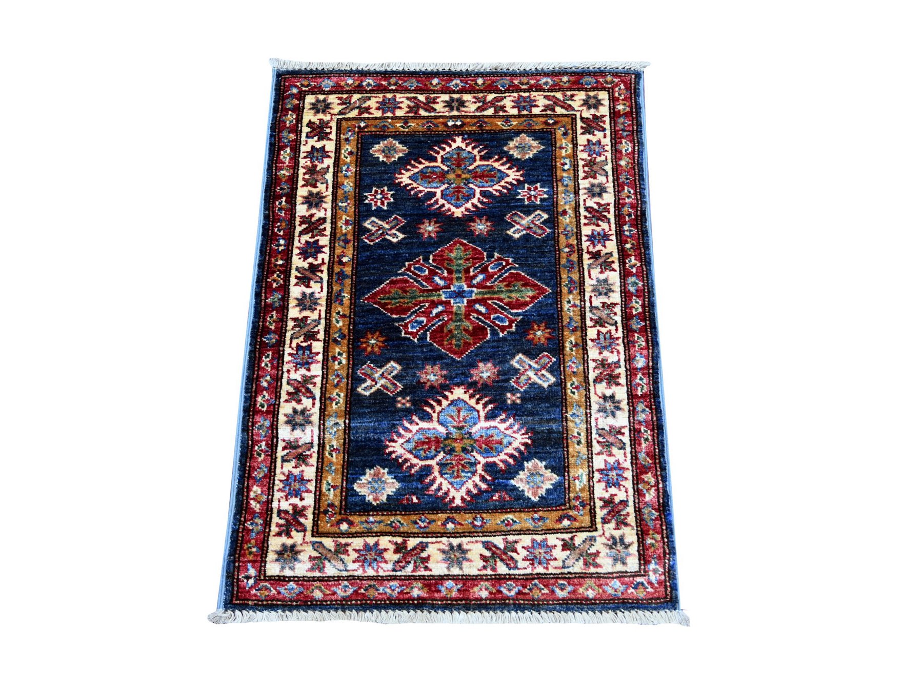 2'x2'8" Navy Blue, Afghan Super Kazak with Tribal Medallions Design, Hand Knotted, Vegetable Dyes, Pure Wool, Sample, Mat, Oriental Rug HR21731