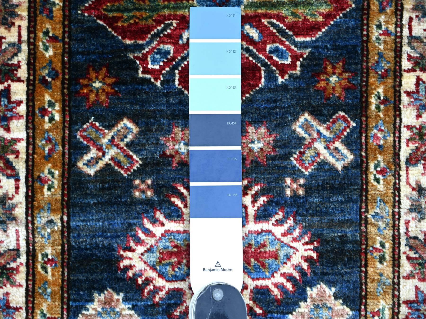 2'x2'8" Navy Blue, Afghan Super Kazak with Tribal Medallions Design, Hand Knotted, Vegetable Dyes, Pure Wool, Sample, Mat, Oriental Rug HR21731 - Image 3