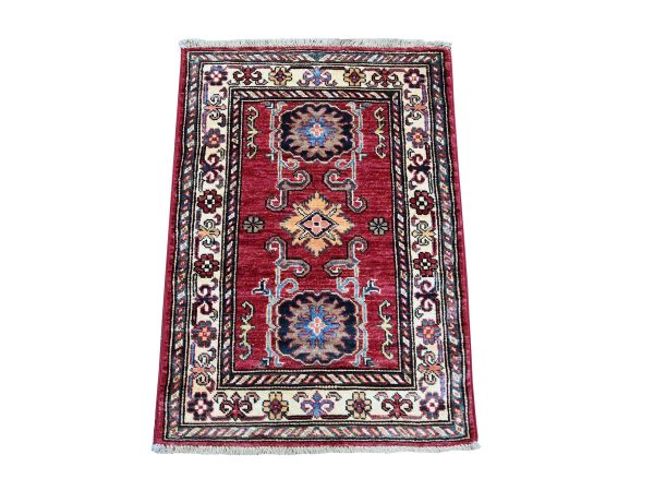 2'1"x3' Berry Red, Vegetable Dyes, Afghan Super Kazak with Geometric Medallions Design, Hand Knotted, Pure Wool, Sample, Mat, Oriental Rug HR21732