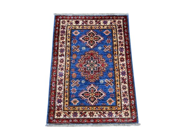 2'1"x3' Cerulean Blue, Hand Knotted, Afghan Super Kazak with Tribal Medallions Design, Vegetable Dyes, Pure Wool, Sample Mat, Oriental Rug HR21733