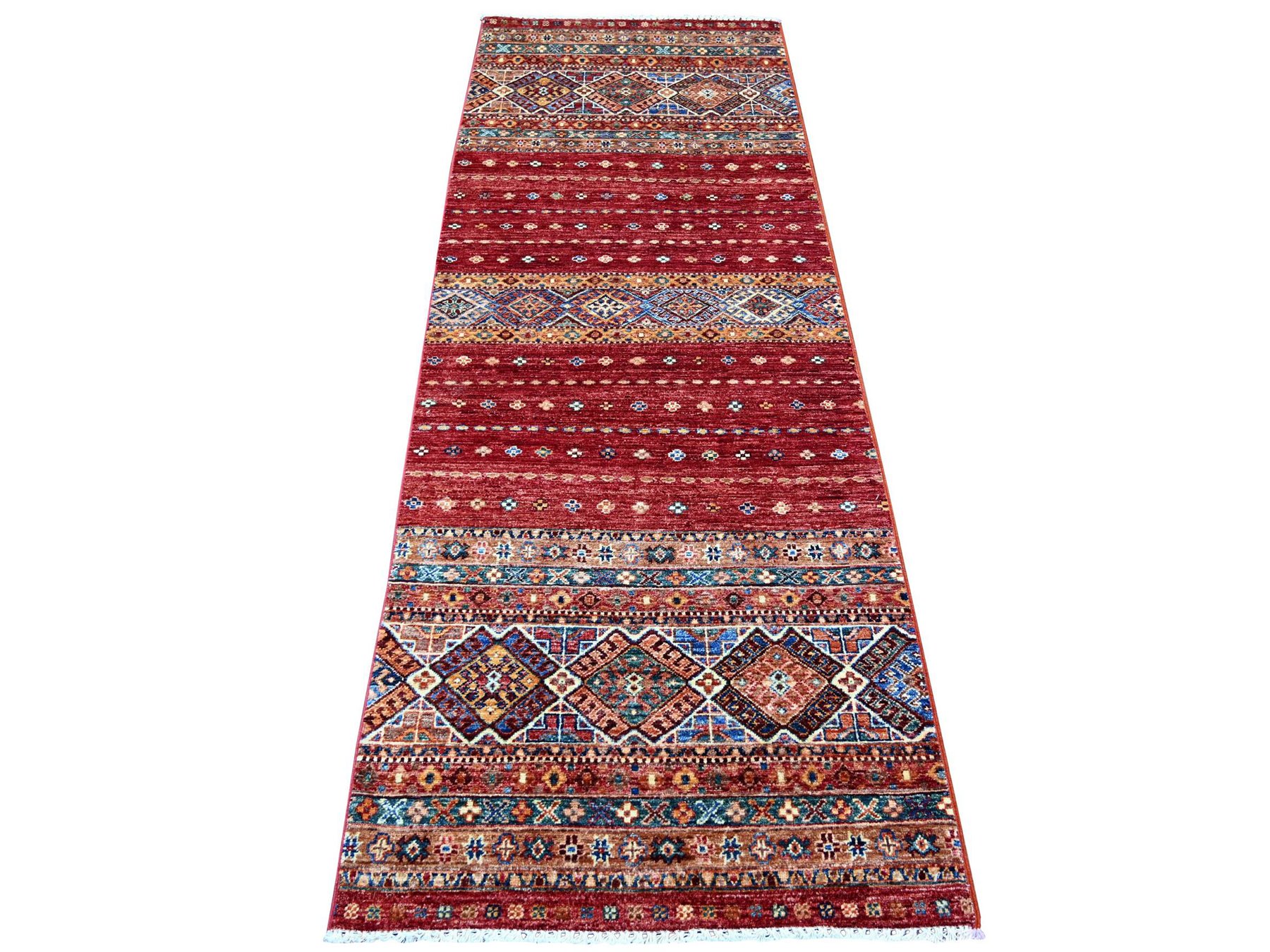 2'10"x8' Berry Red, Pure Wool, Afghan Super Kazak with Khorjin Design, Hand Knotted, Vegetable Dyes, Runner, Oriental Rug HR21744
