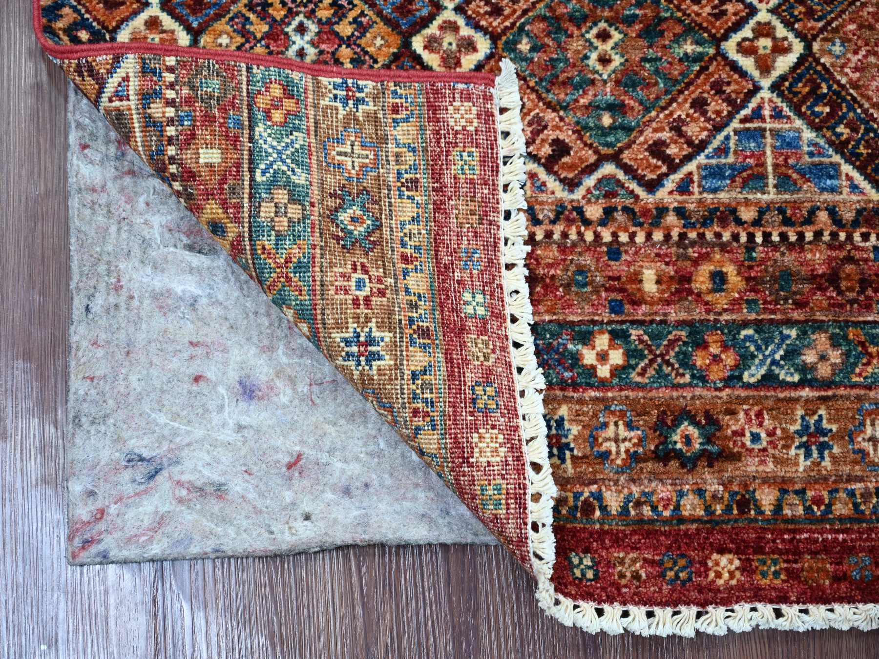 2'10"x8' Berry Red, Pure Wool, Afghan Super Kazak with Khorjin Design, Hand Knotted, Vegetable Dyes, Runner, Oriental Rug HR21744 - Image 2