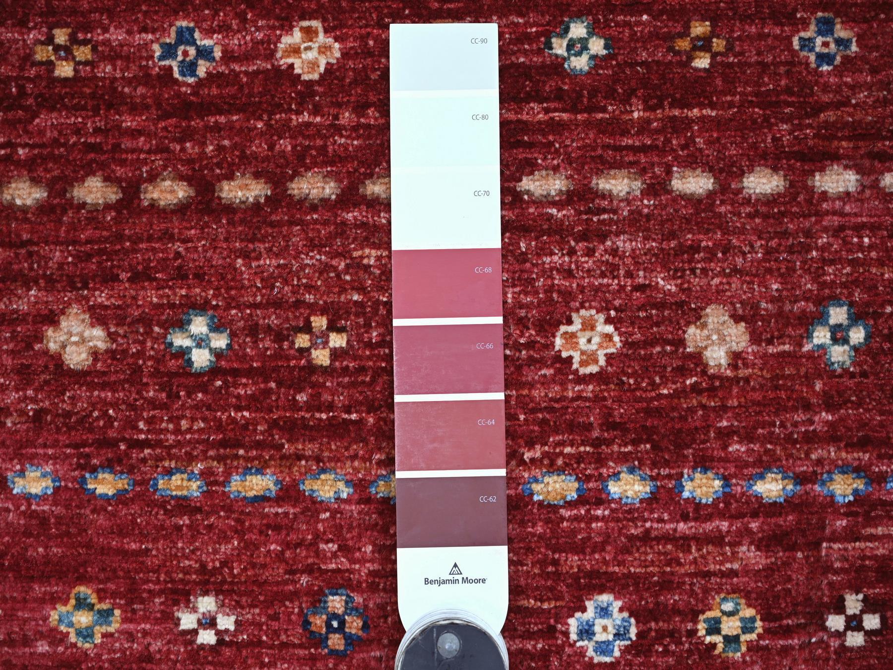 2'10"x8' Berry Red, Pure Wool, Afghan Super Kazak with Khorjin Design, Hand Knotted, Vegetable Dyes, Runner, Oriental Rug HR21744 - Image 3