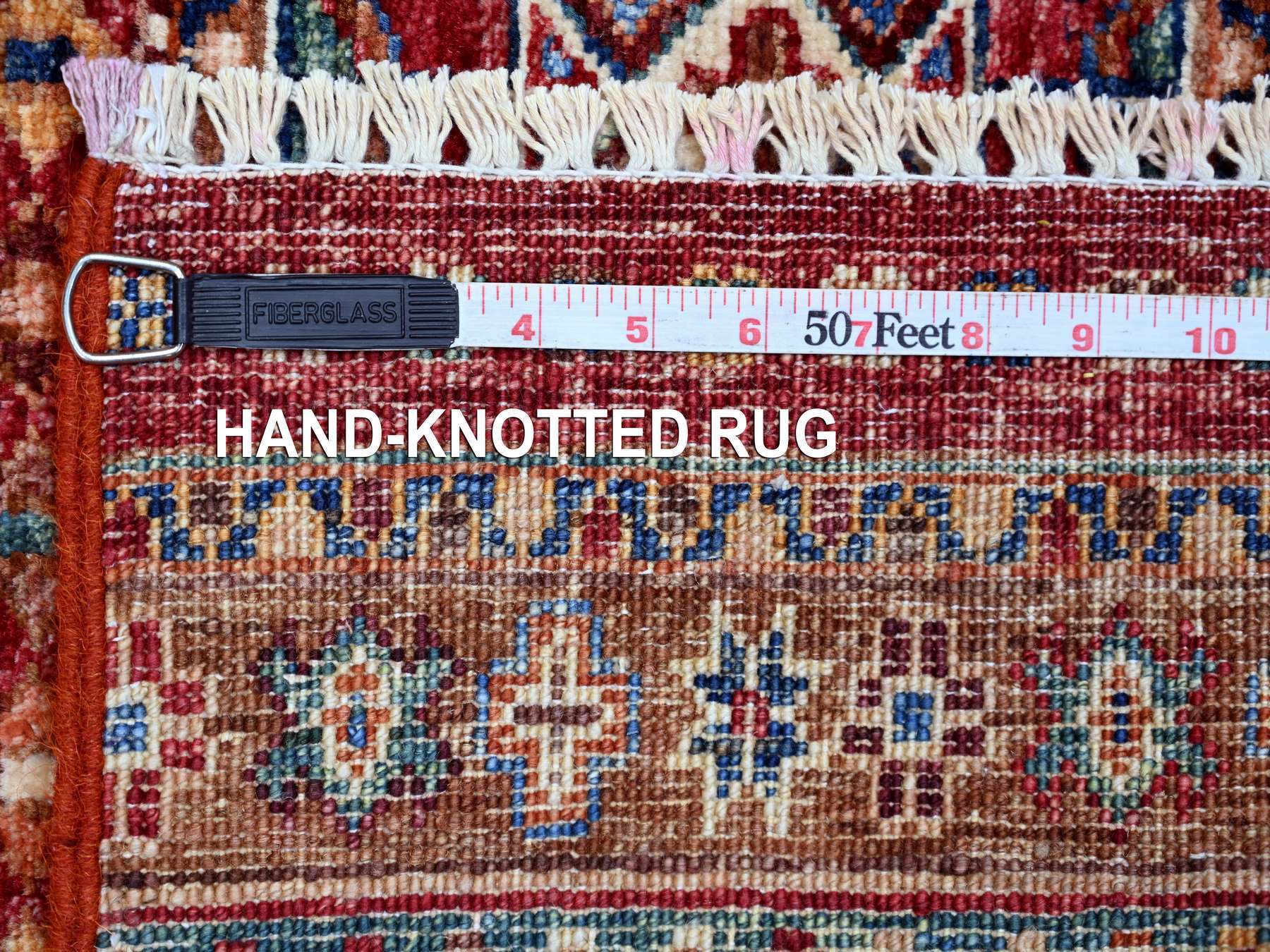 2'10"x8' Berry Red, Pure Wool, Afghan Super Kazak with Khorjin Design, Hand Knotted, Vegetable Dyes, Runner, Oriental Rug HR21744 - Image 6