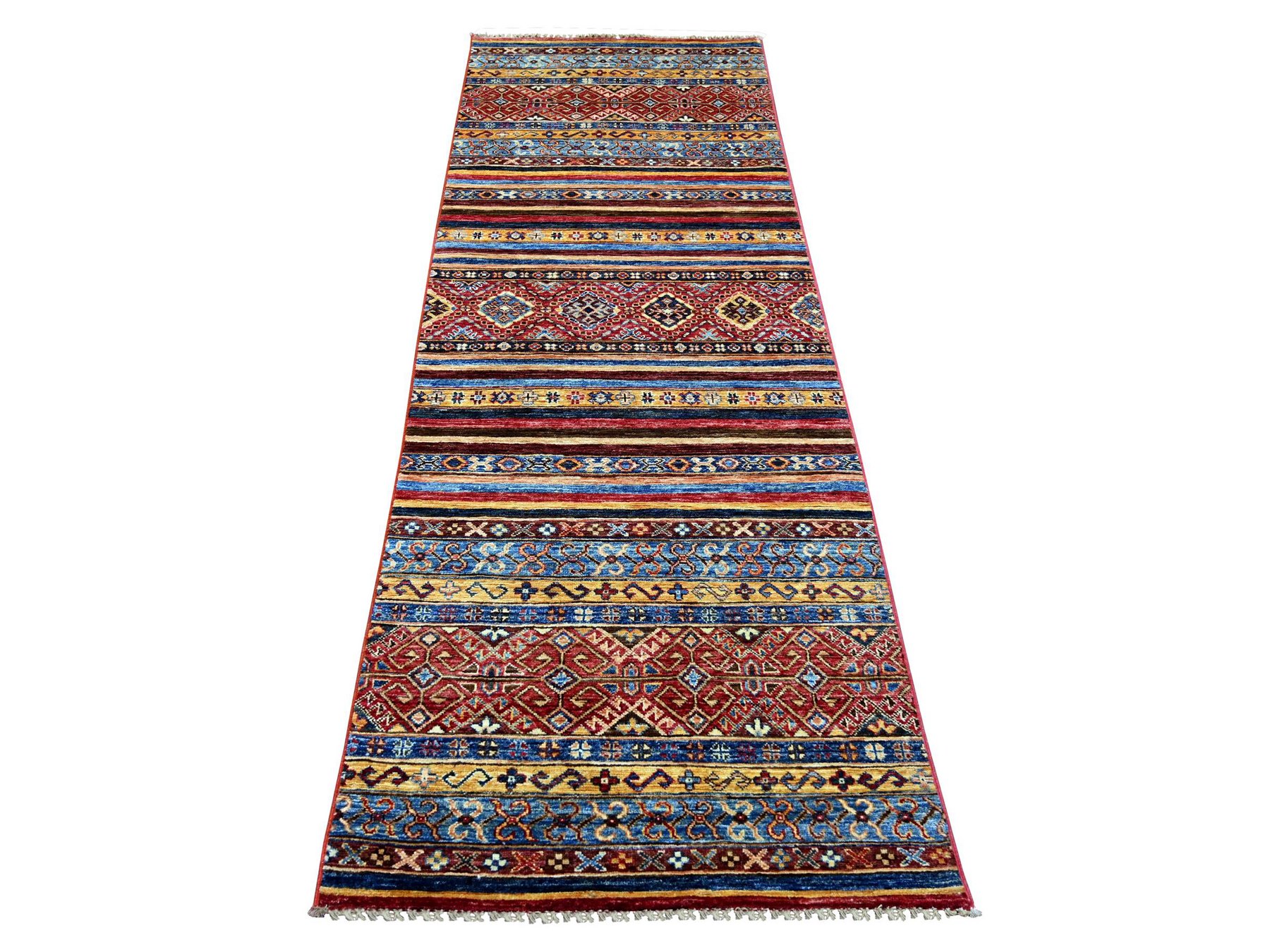 2'10"x8'1" Berry Red, Afghan Super Kazak with Khorjin Design, Hand Knotted, Vegetable Dyes, Pure Wool, Runner, Oriental Rug HR21746