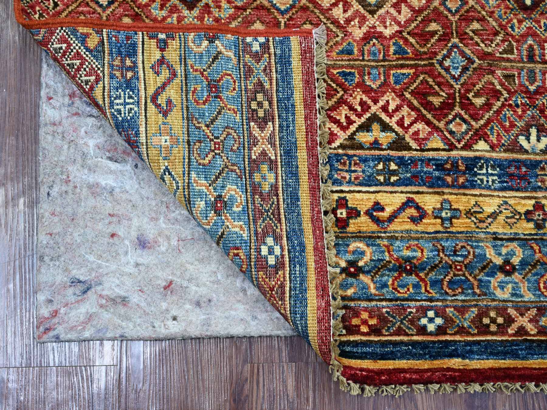2'10"x8'1" Berry Red, Afghan Super Kazak with Khorjin Design, Hand Knotted, Vegetable Dyes, Pure Wool, Runner, Oriental Rug HR21746 - Image 2
