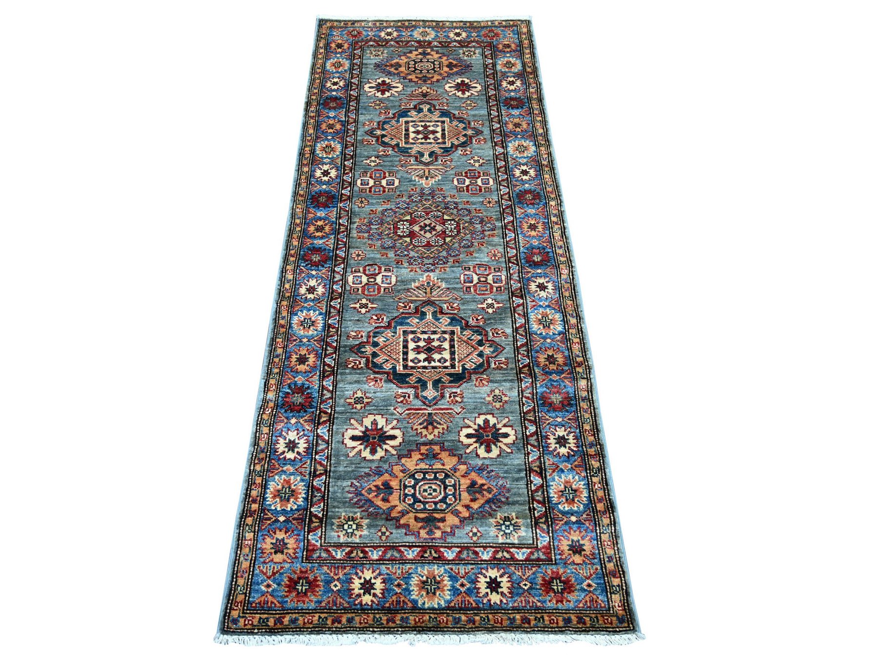 2'5"x6'6" Misty Gray, Pure Wool, Afghan Super Kazak with Geometric Medallions Design, Hand Knotted, Vegetable Dyes, Runner, Oriental Rug HR21747