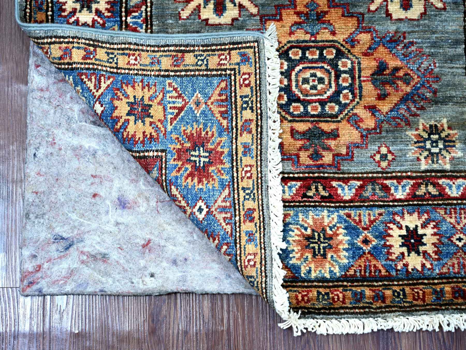 2'5"x6'6" Misty Gray, Pure Wool, Afghan Super Kazak with Geometric Medallions Design, Hand Knotted, Vegetable Dyes, Runner, Oriental Rug HR21747 - Image 2
