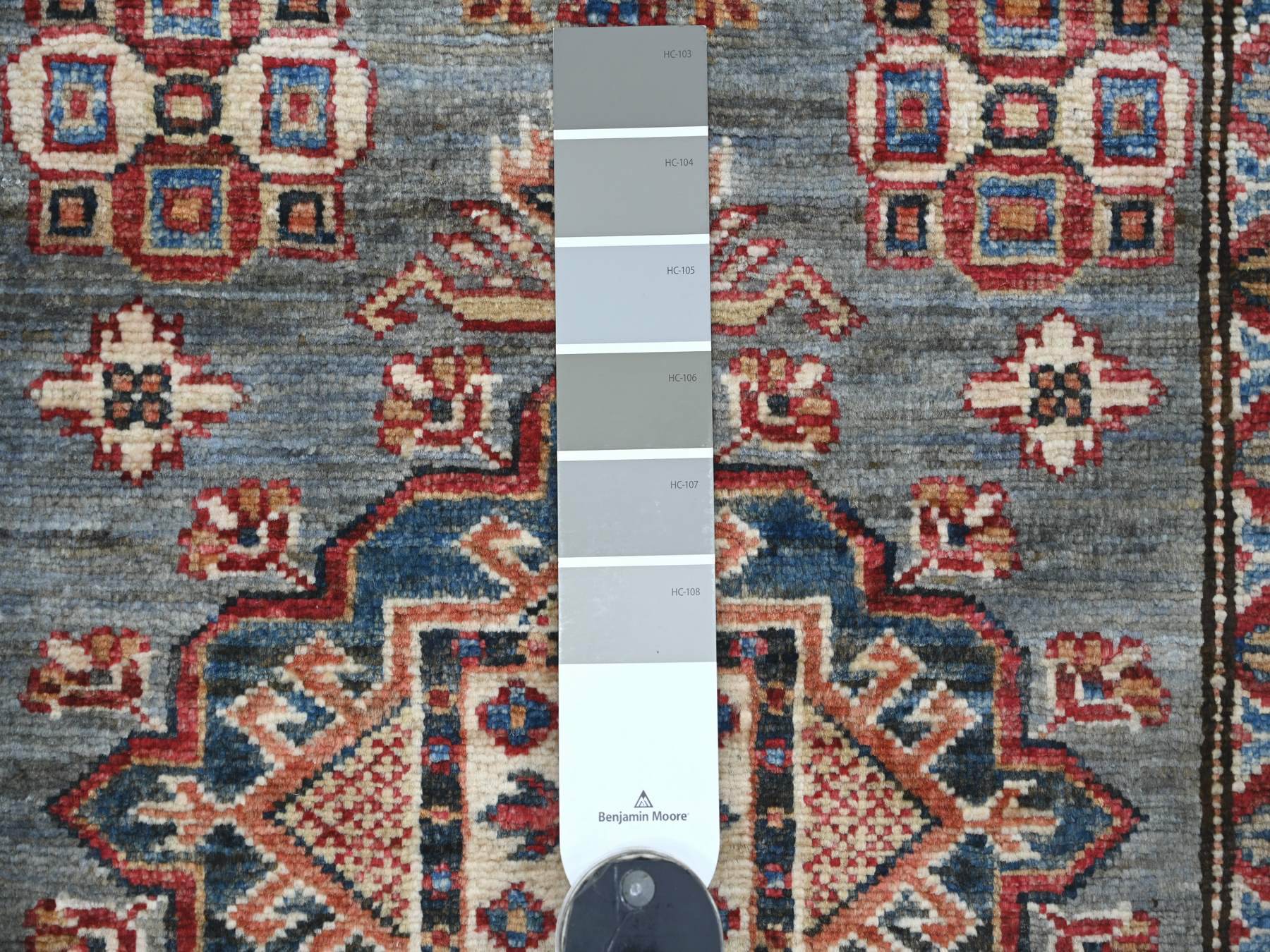 2'5"x6'6" Misty Gray, Pure Wool, Afghan Super Kazak with Geometric Medallions Design, Hand Knotted, Vegetable Dyes, Runner, Oriental Rug HR21747 - Image 3