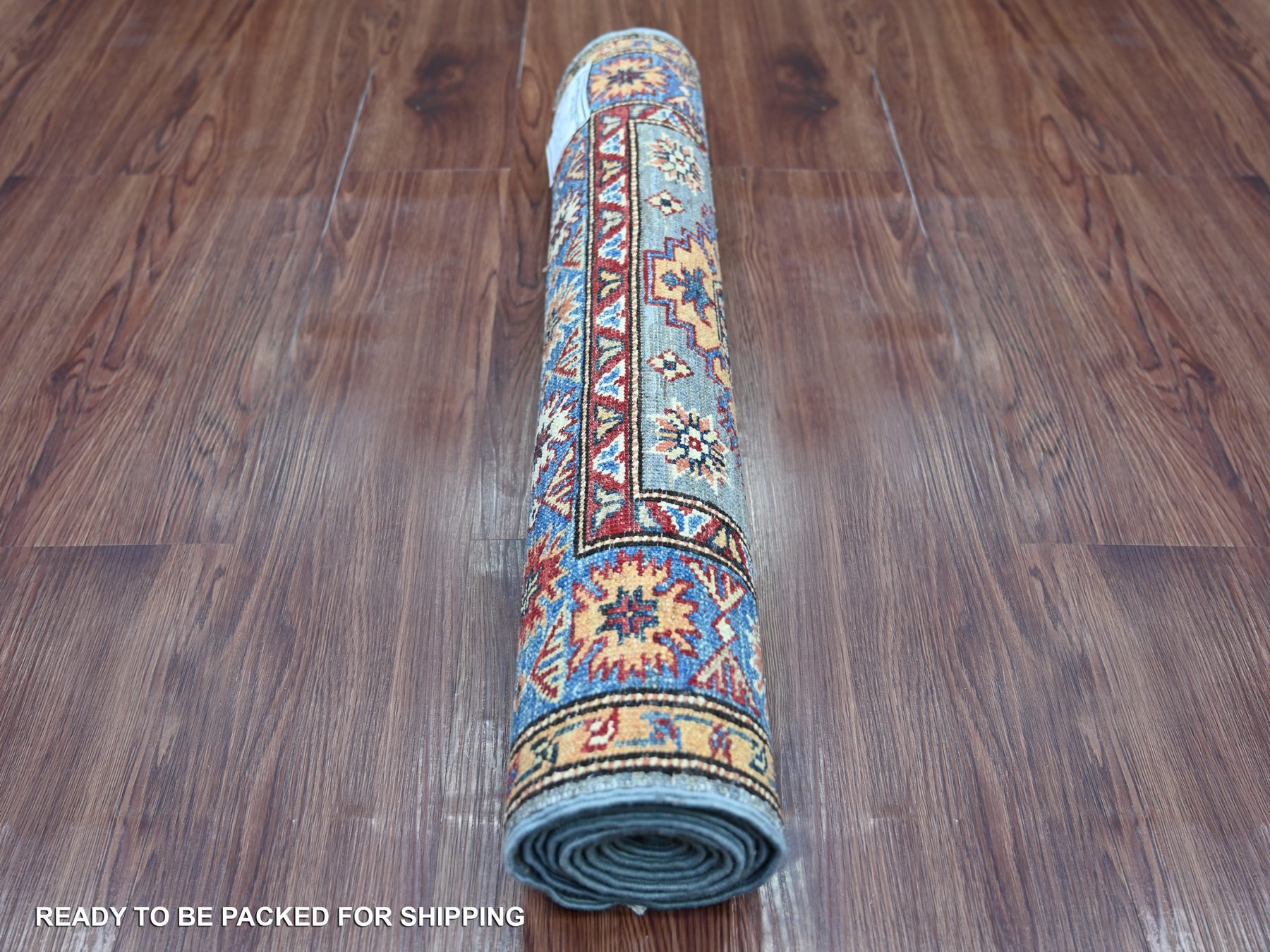 2'5"x6'6" Misty Gray, Pure Wool, Afghan Super Kazak with Geometric Medallions Design, Hand Knotted, Vegetable Dyes, Runner, Oriental Rug HR21747 - Image 4