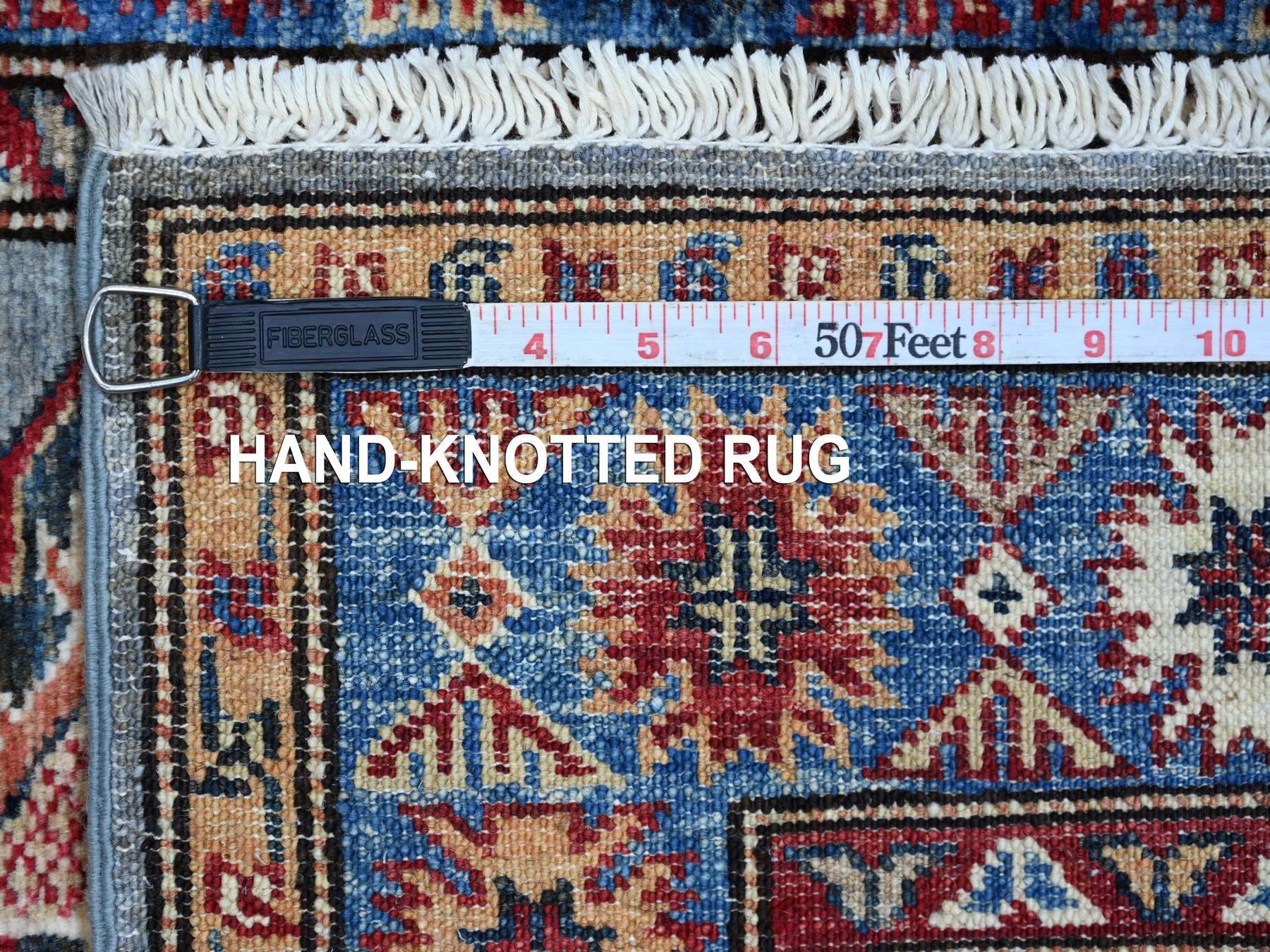 2'5"x6'6" Misty Gray, Pure Wool, Afghan Super Kazak with Geometric Medallions Design, Hand Knotted, Vegetable Dyes, Runner, Oriental Rug HR21747 - Image 6