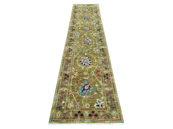 2'7"x11'7" Mustard Yellow, Hand Knotted Afghan Sultani All Over Floral Pattern, Soft and Vibrant Wool, Natural Dyes, Runner, Oriental Rug HR21748