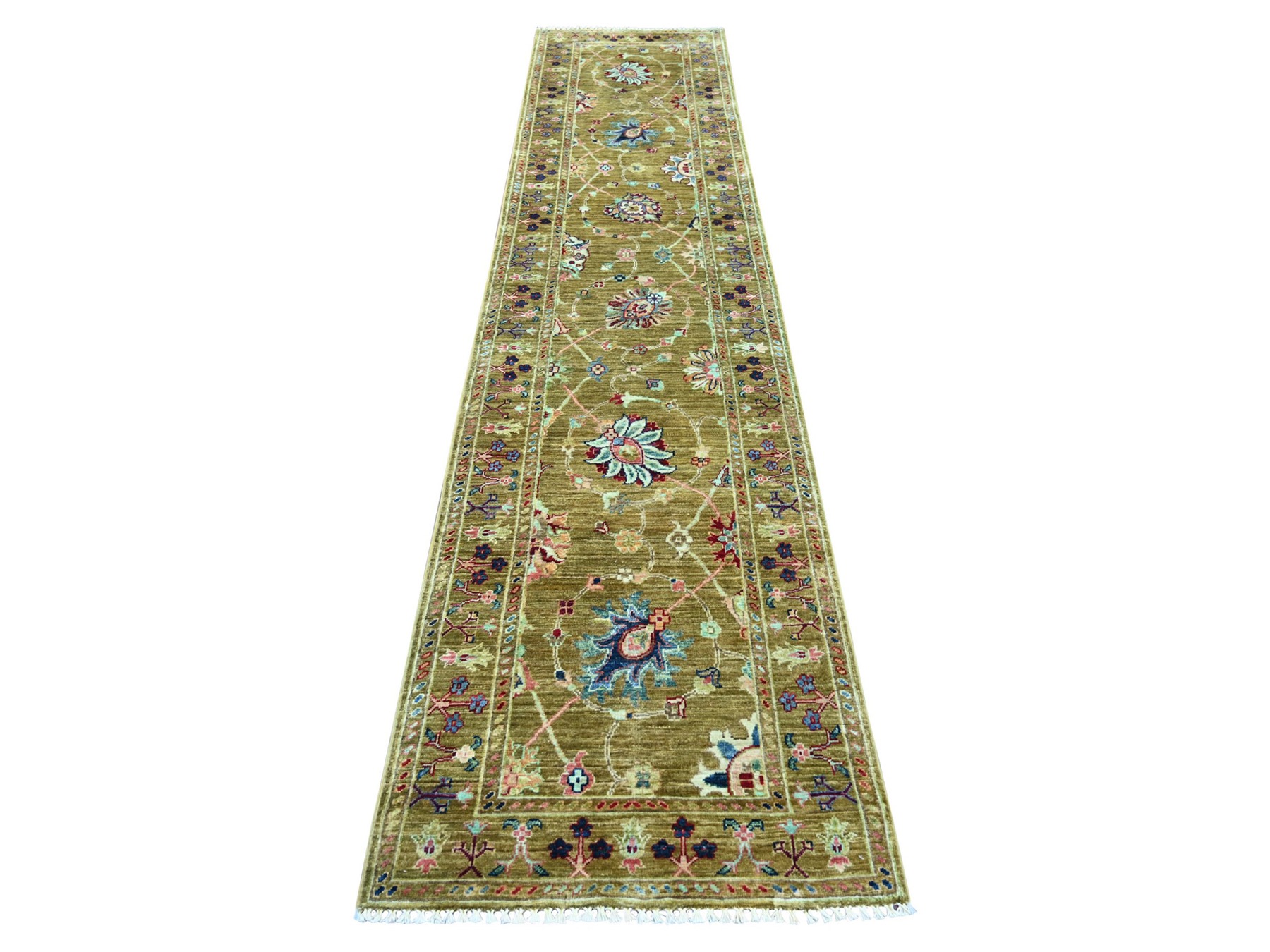 2'7"x11'7" Mustard Yellow, Hand Knotted Afghan Sultani All Over Floral Pattern, Soft and Vibrant Wool, Natural Dyes, Runner, Oriental Rug HR21748