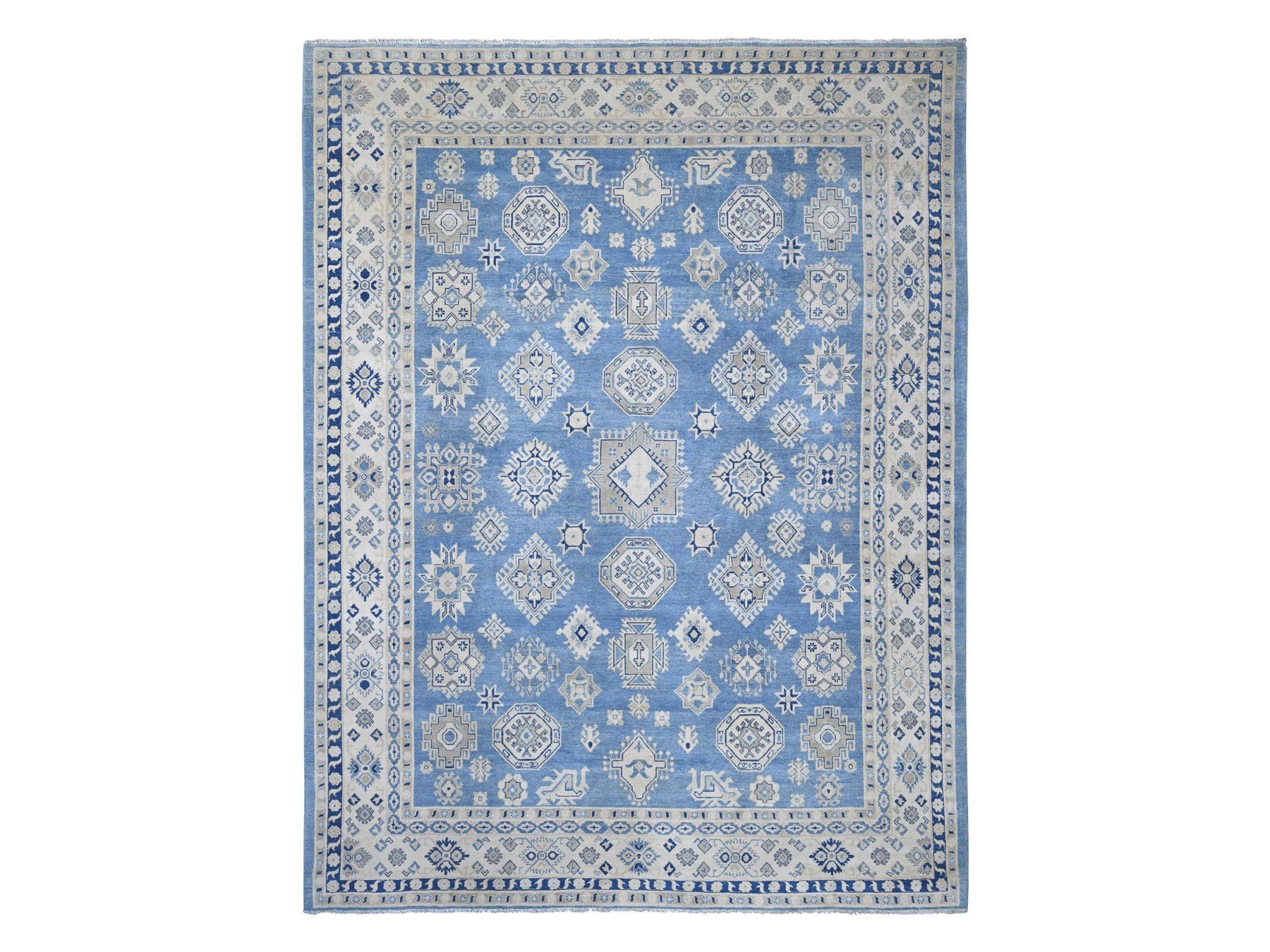 9'x11'8" Yonder Blue, Vintage Look Kazak with All Over Geometric Motifs, Hand Knotted, 100% Wool, Natural Dyes, Oriental Rug HR21777