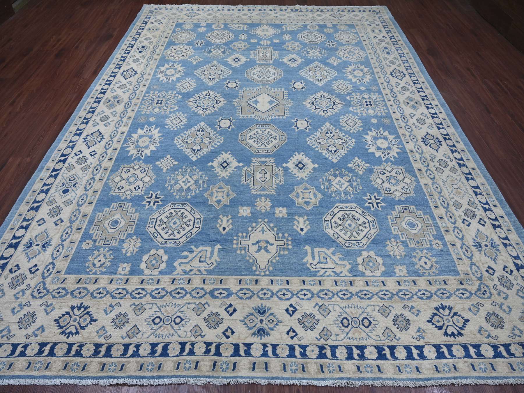 9'x11'8" Yonder Blue, Vintage Look Kazak with All Over Geometric Motifs, Hand Knotted, 100% Wool, Natural Dyes, Oriental Rug HR21777 - Image 2
