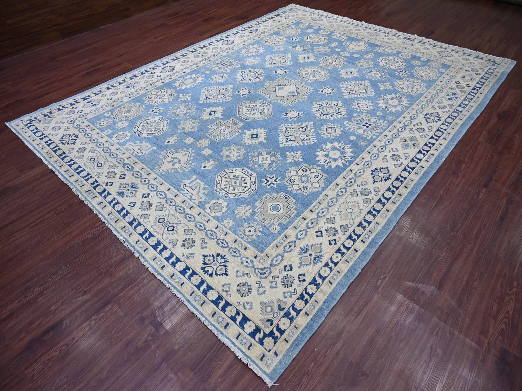 9'x11'8" Yonder Blue, Vintage Look Kazak with All Over Geometric Motifs, Hand Knotted, 100% Wool, Natural Dyes, Oriental Rug HR21777 - Image 3
