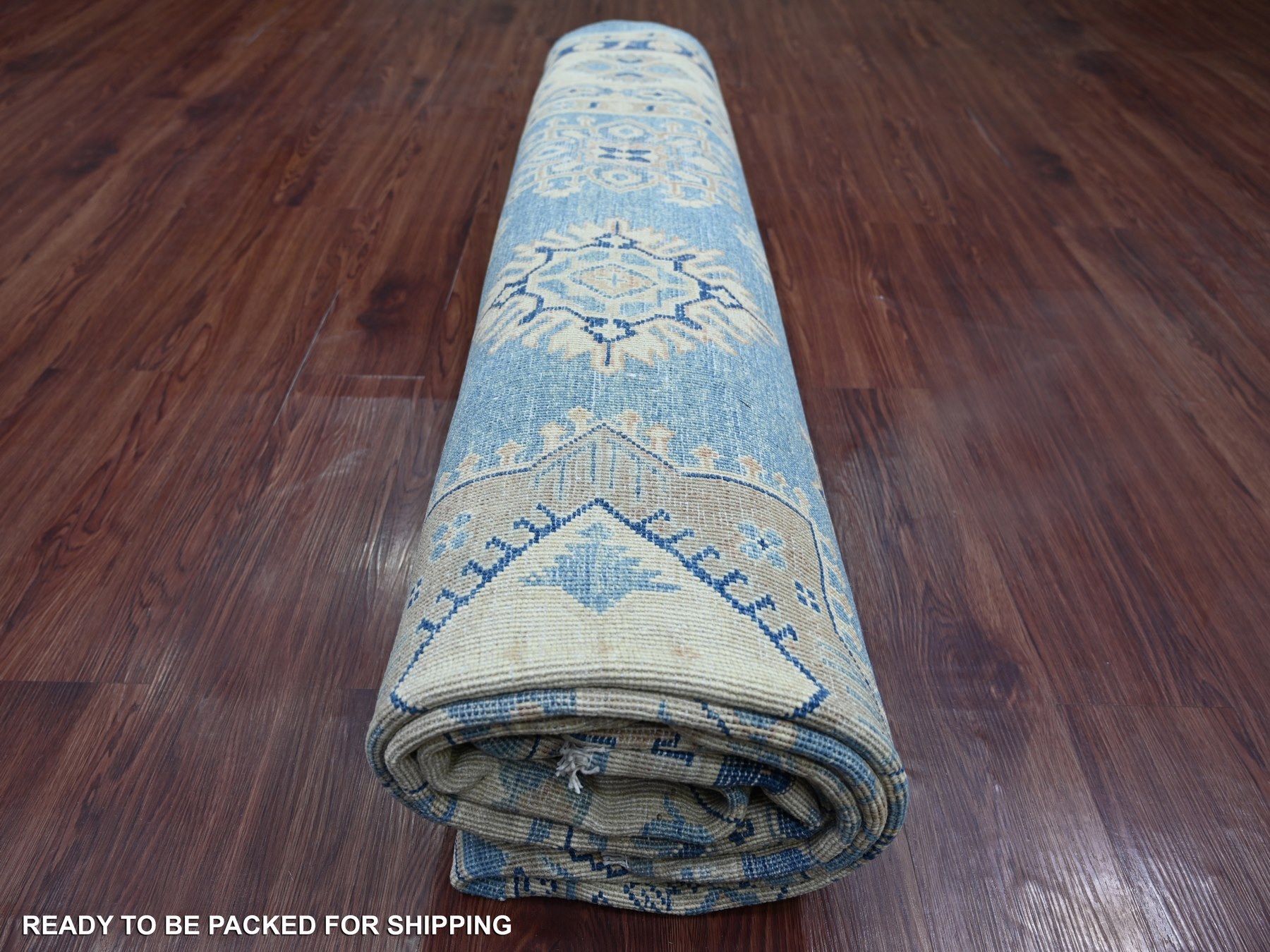 9'x11'8" Yonder Blue, Vintage Look Kazak with All Over Geometric Motifs, Hand Knotted, 100% Wool, Natural Dyes, Oriental Rug HR21777 - Image 9