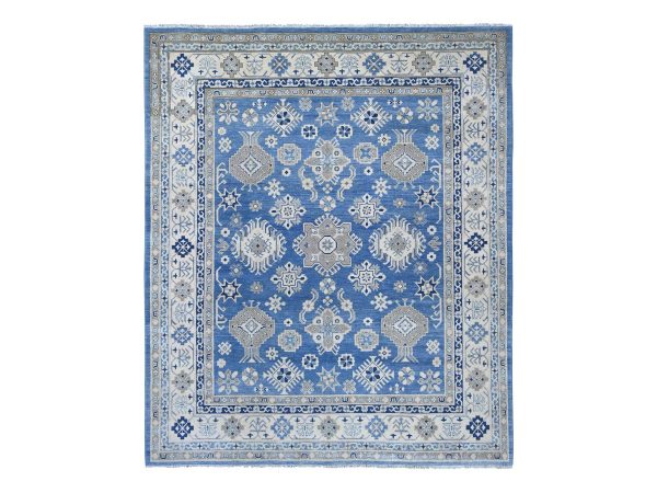 8'2"x9'7" Bayern Blue, Vintage Look Kazak with Geometric Floral Elements, 100% Wool, Hand Knotted, Natural Dyes, Oriental Rug HR21778