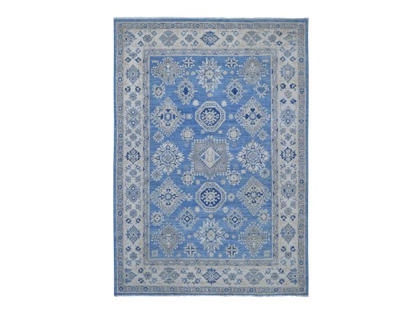 6'x8'5" Carolina Blue, Vintage Look Kazak with Geometric Elements, 100% Wool, Hand Knotted, Natural Dyes, Oriental Rug HR21786