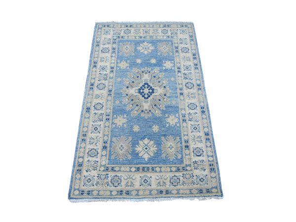 3'x4'9" Carolina Blue, Vintage Look Kazak with Tribal Medallion Design, Hand Knotted, 100% Wool, Natural Dyes, Oriental Rug HR21799