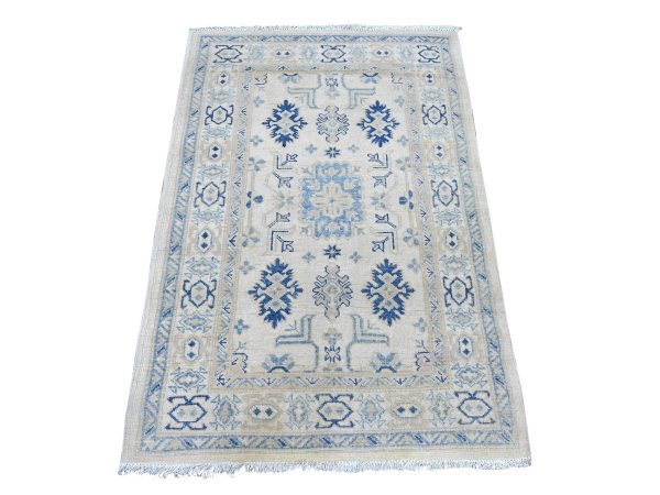 3'2"x4'8" Alabaster White, Vintage Look Kazak with Tribal Design, 100% Wool, Hand Knotted, Natural Dyes, Oriental Rug HR21801