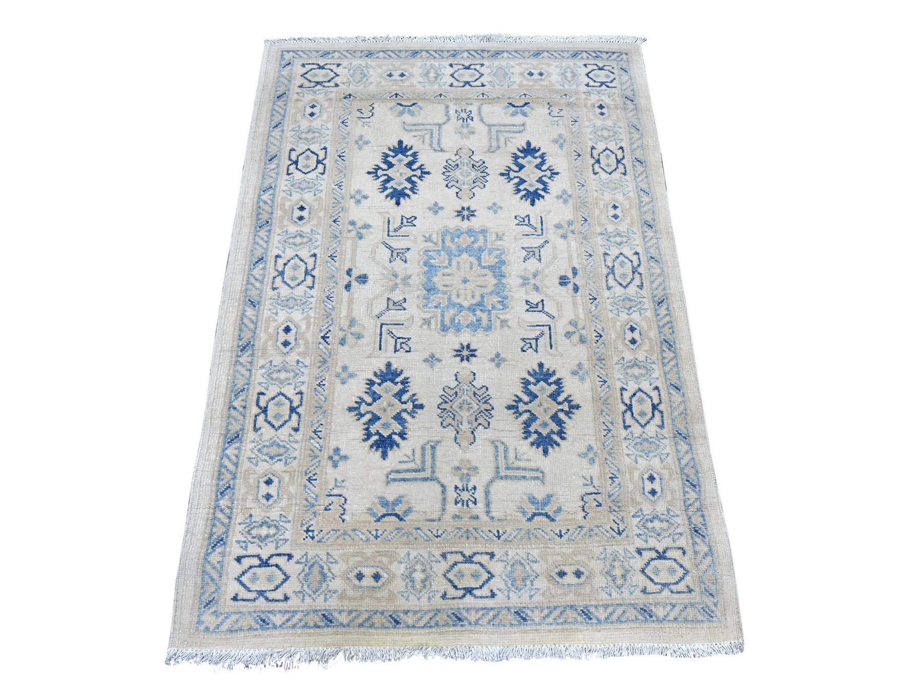 3'2"x4'8" Alabaster White, Vintage Look Kazak with Tribal Design, 100% Wool, Hand Knotted, Natural Dyes, Oriental Rug HR21801